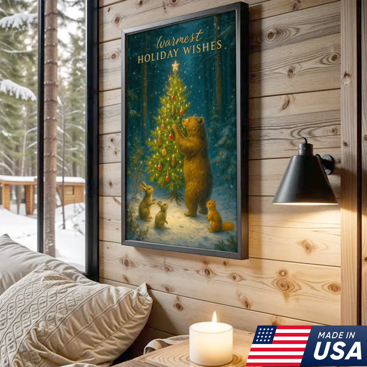Warmest Holiday Wishes Woodland Christmas Art – Cute Bear & Forest Animals Wall Print