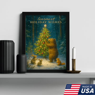 Warmest Holiday Wishes Woodland Christmas Art – Cute Bear & Forest Animals Wall Print
