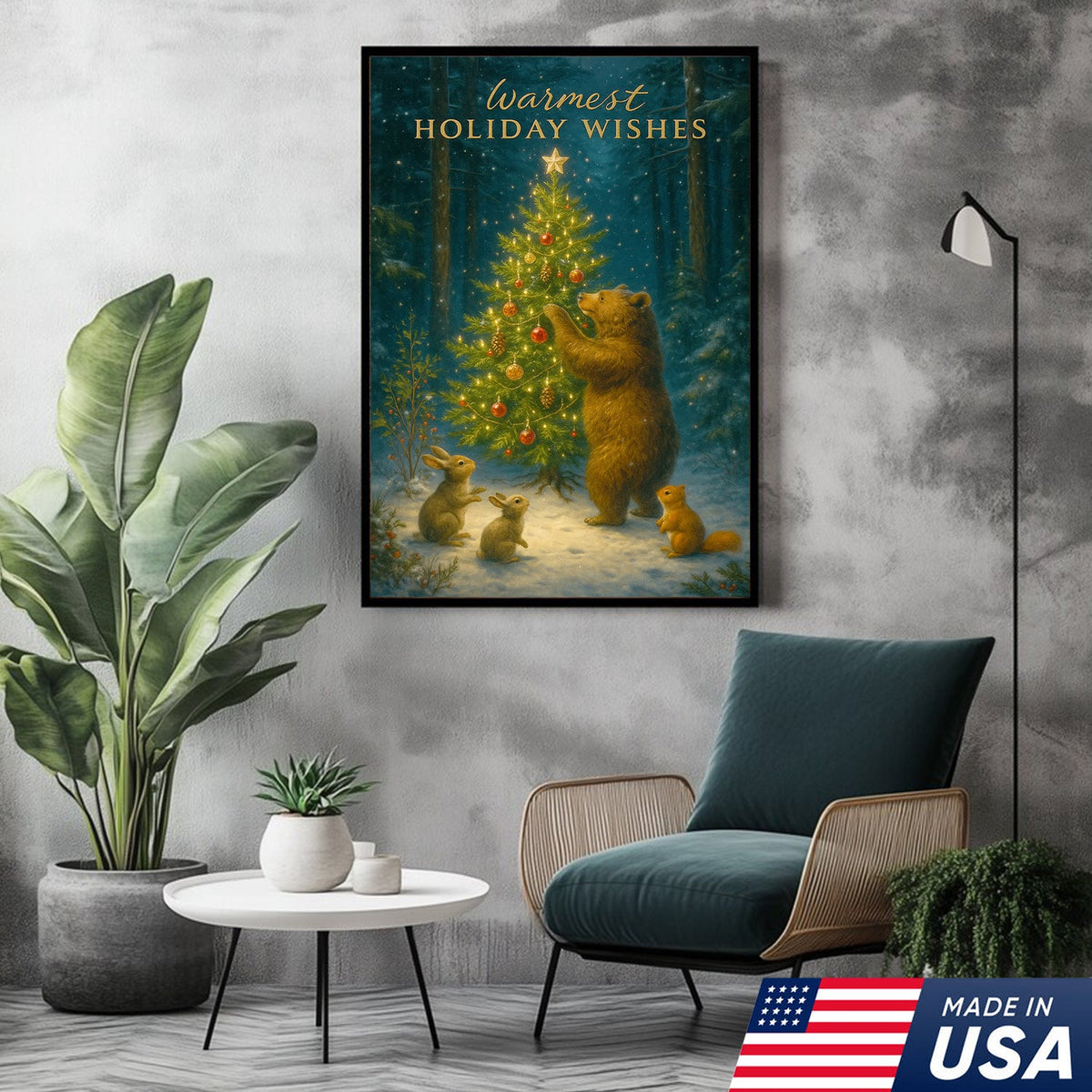 Warmest Holiday Wishes Woodland Christmas Art – Cute Bear & Forest Animals Wall Print