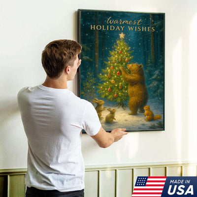 Warmest Holiday Wishes Woodland Christmas Art – Cute Bear & Forest Animals Wall Print