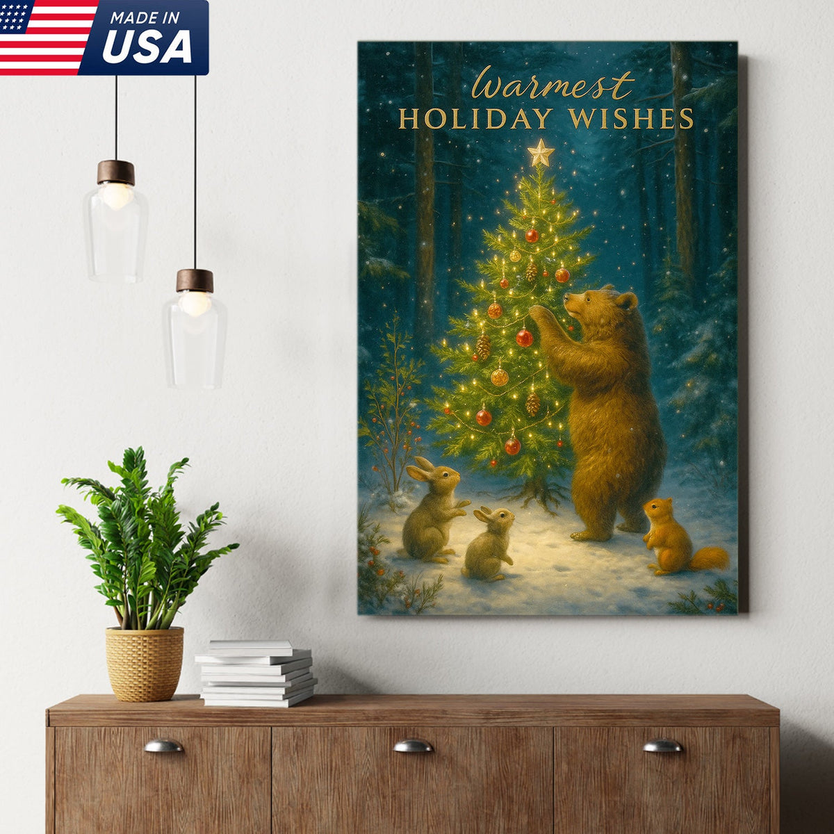 Warmest Holiday Wishes Woodland Christmas Art – Cute Bear & Forest Animals Wall Print