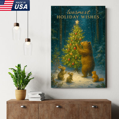 Warmest Holiday Wishes Woodland Christmas Art – Cute Bear & Forest Animals Wall Print
