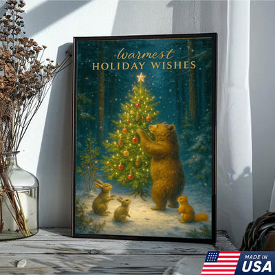 Warmest Holiday Wishes Woodland Christmas Art – Cute Bear & Forest Animals Wall Print