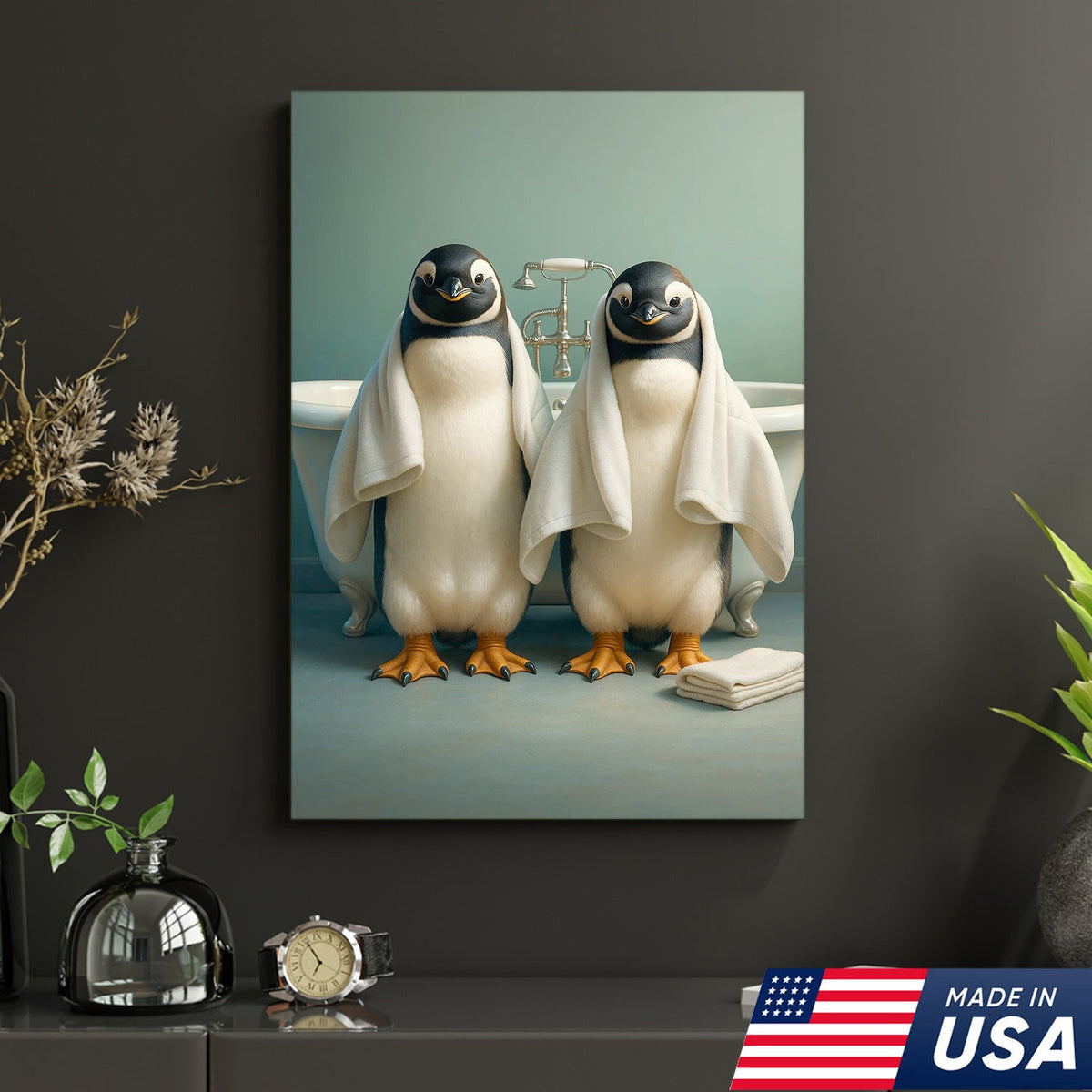 Cute Penguin Twins Bathroom Wall Art Canvas, Adorable Towel Penguins Kids Bath Decor