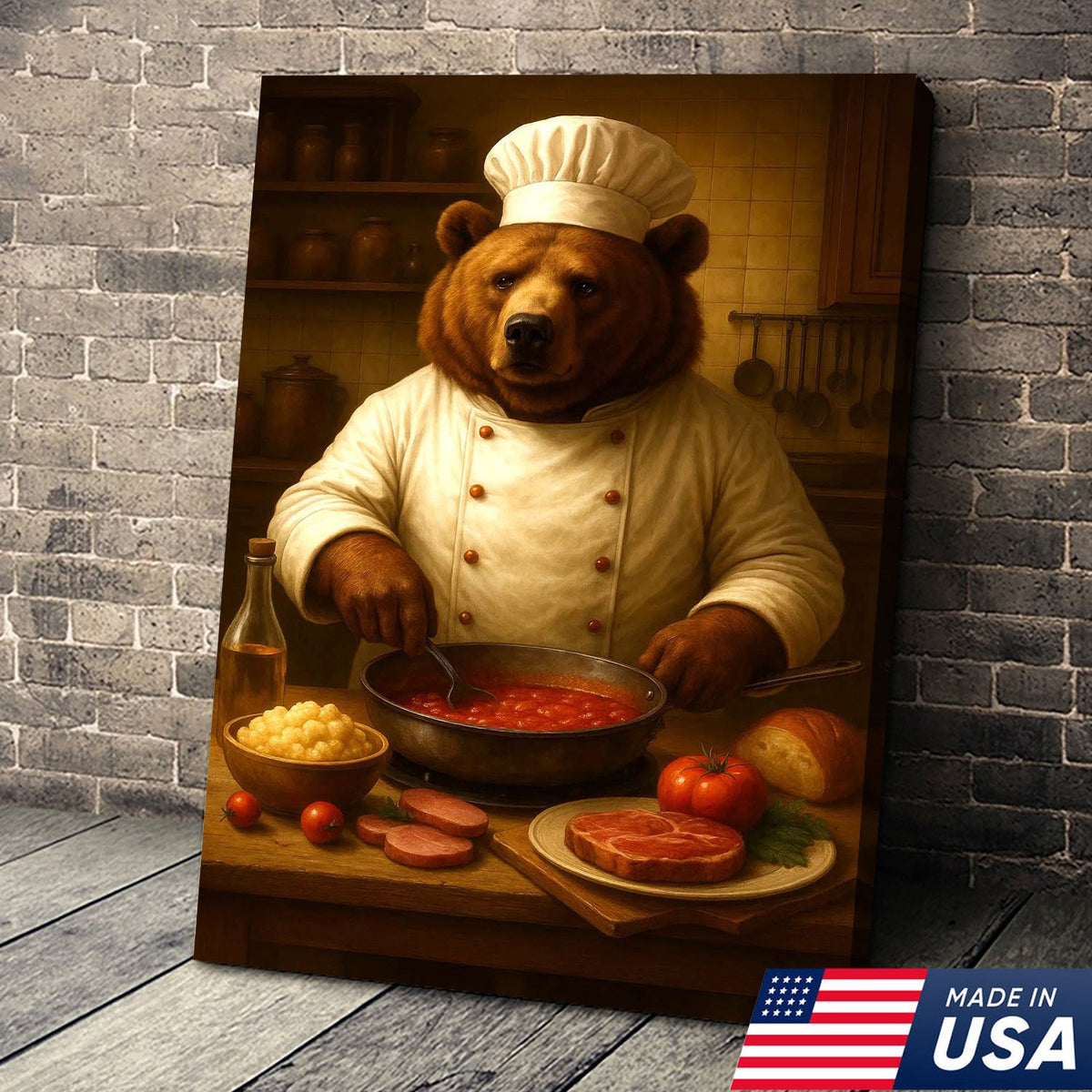 Bear Chef Kitchen Wall Art Canvas, Funny Cooking Bear in Chef Hat Rustic Decor