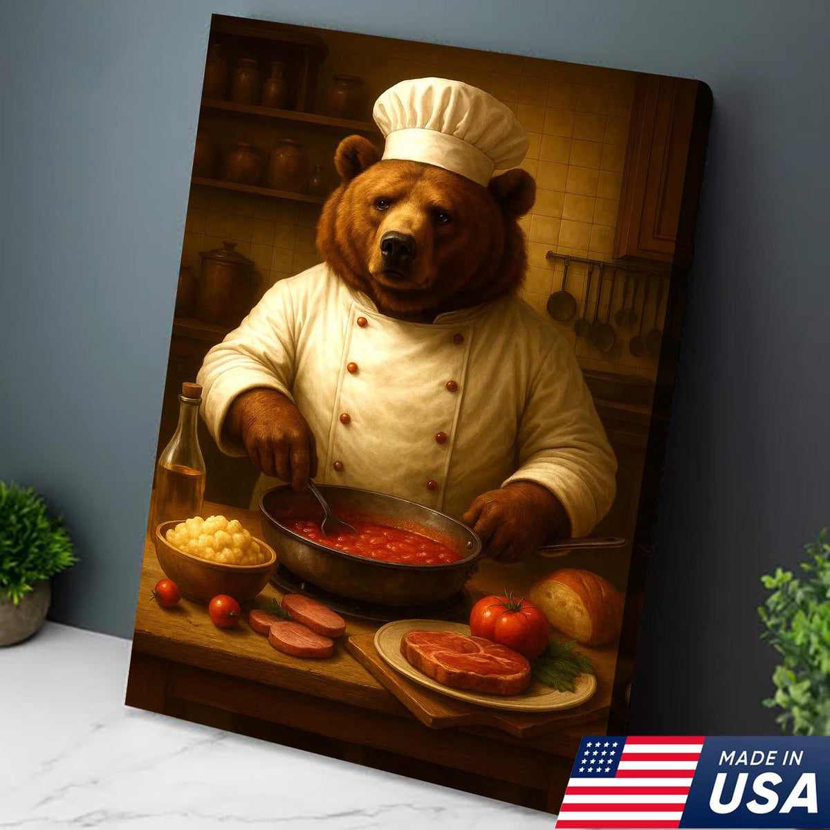 Bear Chef Kitchen Wall Art Canvas, Funny Cooking Bear in Chef Hat Rustic Decor