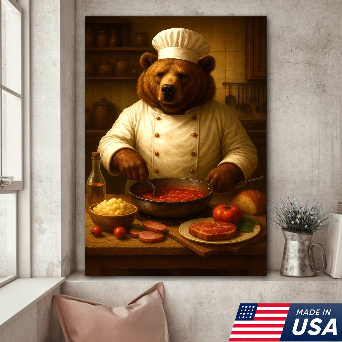 Bear Chef Kitchen Wall Art Canvas, Funny Cooking Bear in Chef Hat Rustic Decor