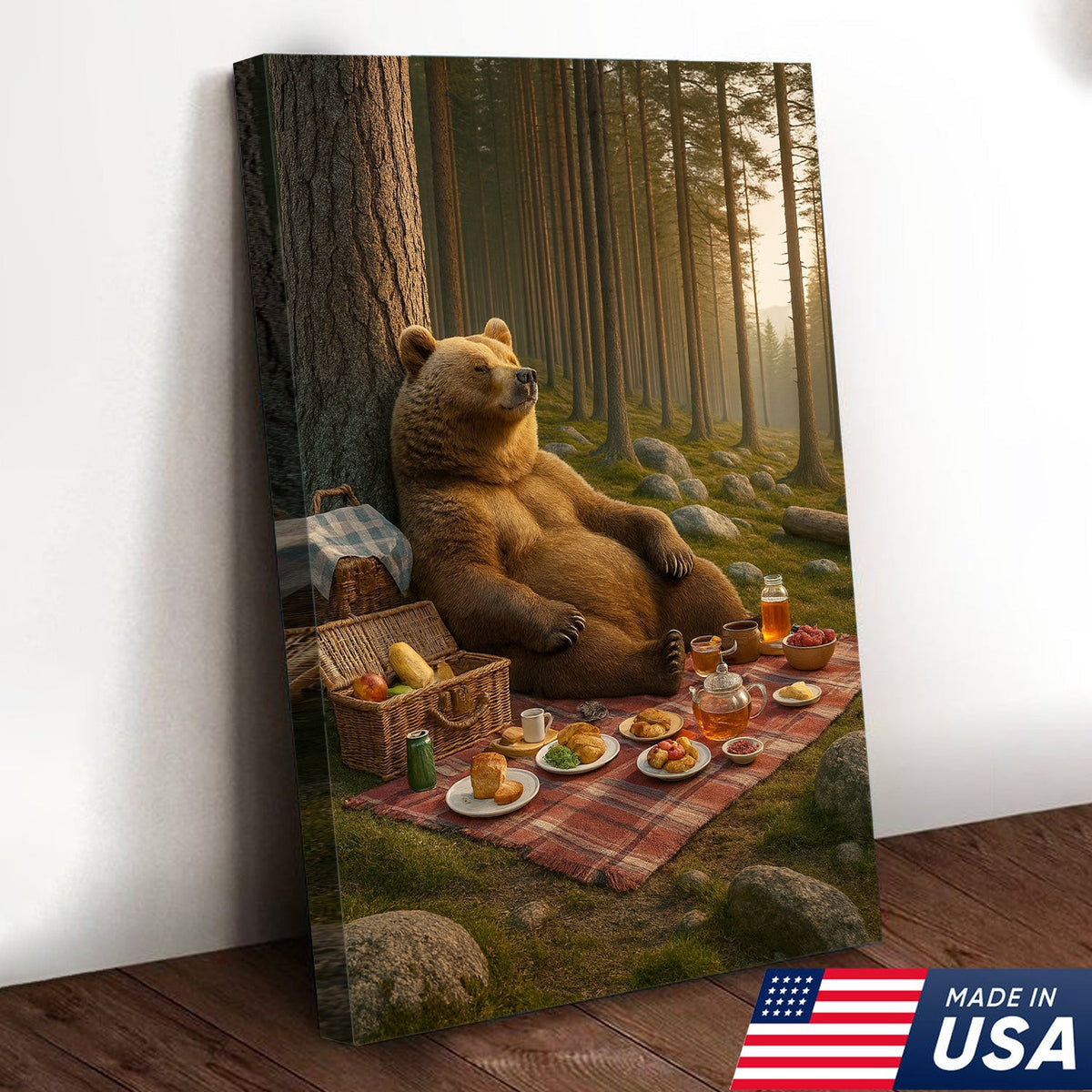 Bear Picnic Forest Wall Art Canvas – Relaxing Woodland Bear Canvas Print for Kitchen Cabin Decor