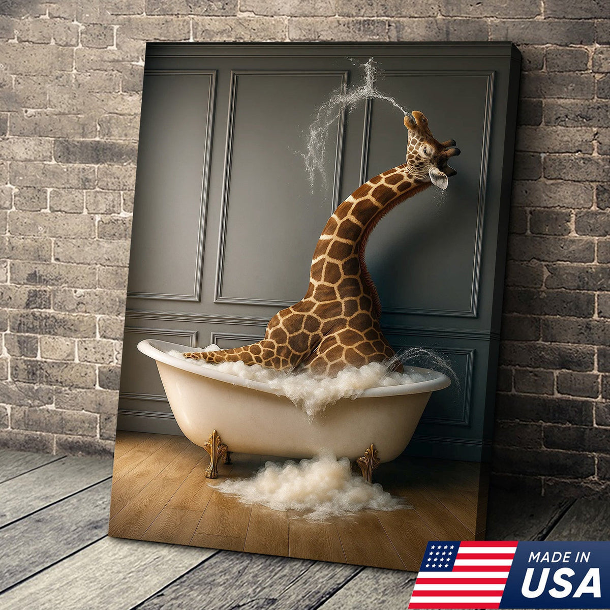 Funny Giraffe Bubble Bath Wall Art Canvas, Animals in Bathtub Kids Bathroom Decor