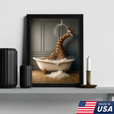 Funny Giraffe Bubble Bath Wall Art Canvas, Animals in Bathtub Kids Bathroom Decor