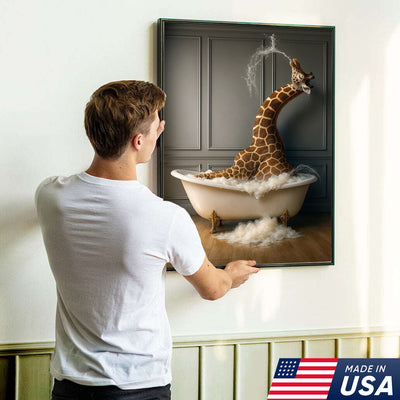 Funny Giraffe Bubble Bath Wall Art Canvas, Animals in Bathtub Kids Bathroom Decor