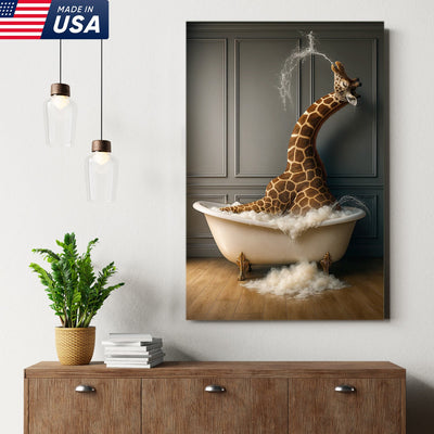 Funny Giraffe Bubble Bath Wall Art Canvas, Animals in Bathtub Kids Bathroom Decor