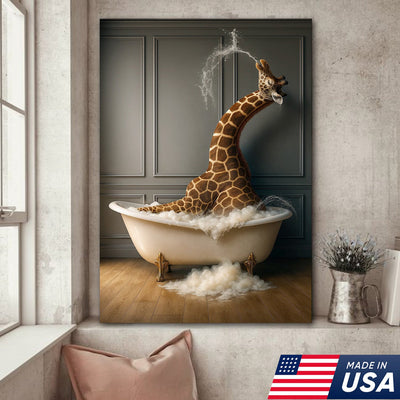 Funny Giraffe Bubble Bath Wall Art Canvas, Animals in Bathtub Kids Bathroom Decor