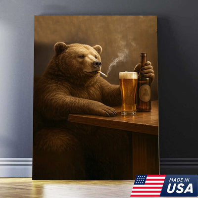 Beer Bear Wall Art Canvas – Funny Bear Drinking Beer Poster, Rustic Bar Decor Gift for Men