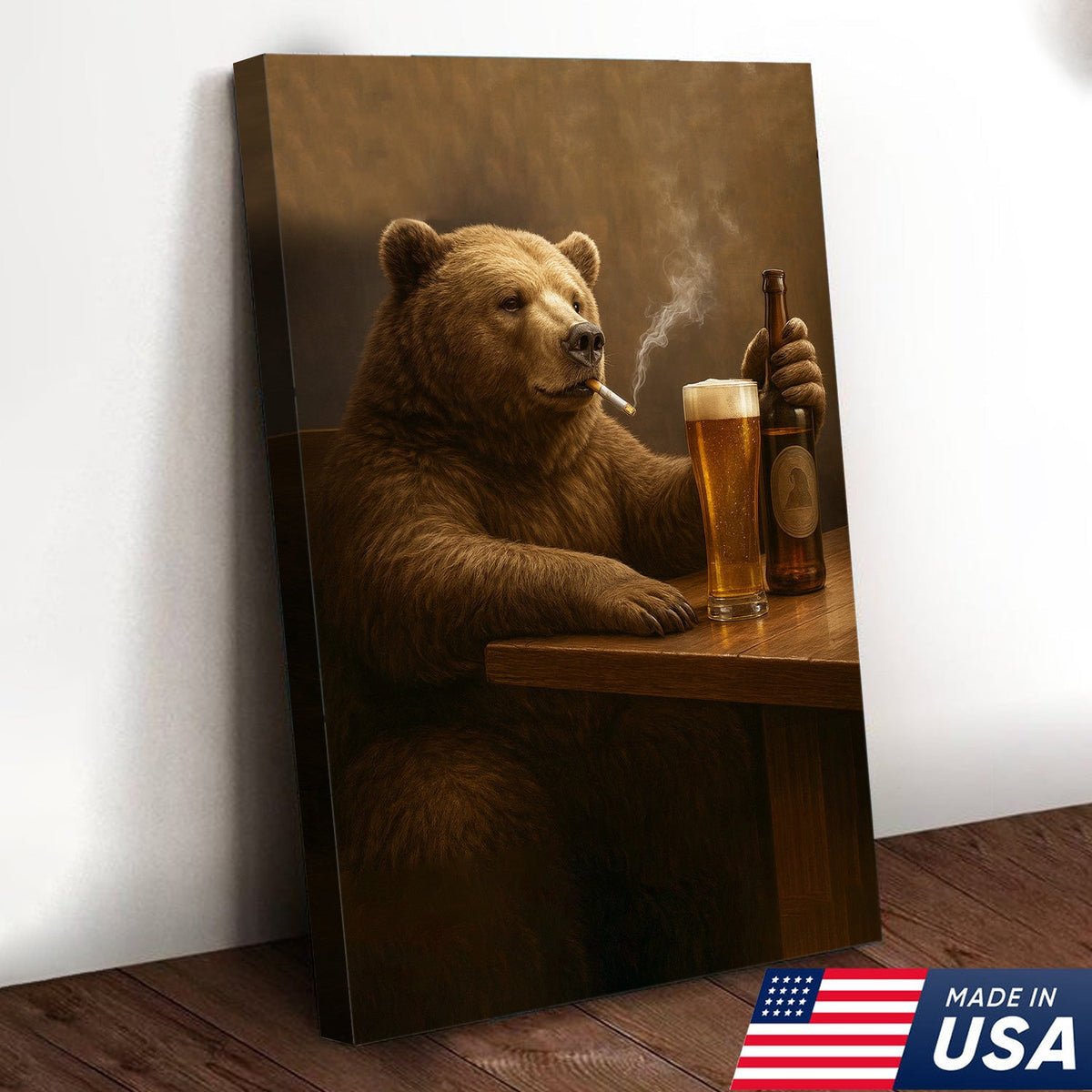 Beer Bear Wall Art Canvas – Funny Bear Drinking Beer Poster, Rustic Bar Decor Gift for Men