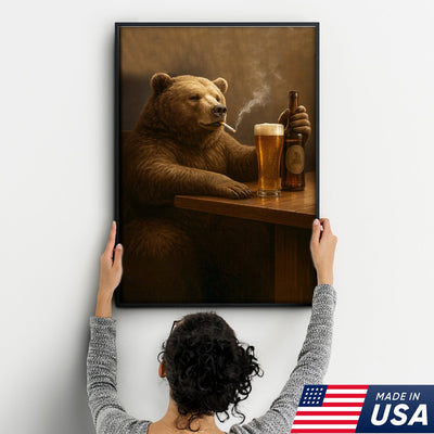 Beer Bear Wall Art Canvas – Funny Bear Drinking Beer Poster, Rustic Bar Decor Gift for Men