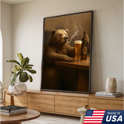 Beer Bear Wall Art Canvas – Funny Bear Drinking Beer Poster, Rustic Bar Decor Gift for Men