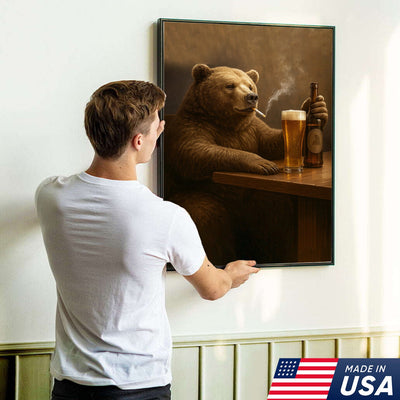 Beer Bear Wall Art Canvas – Funny Bear Drinking Beer Poster, Rustic Bar Decor Gift for Men