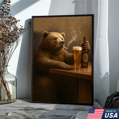 Beer Bear Wall Art Canvas – Funny Bear Drinking Beer Poster, Rustic Bar Decor Gift for Men