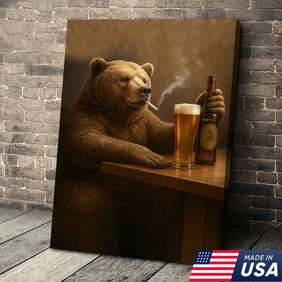 Beer Bear Wall Art Canvas – Funny Bear Drinking Beer Poster, Rustic Bar Decor Gift for Men