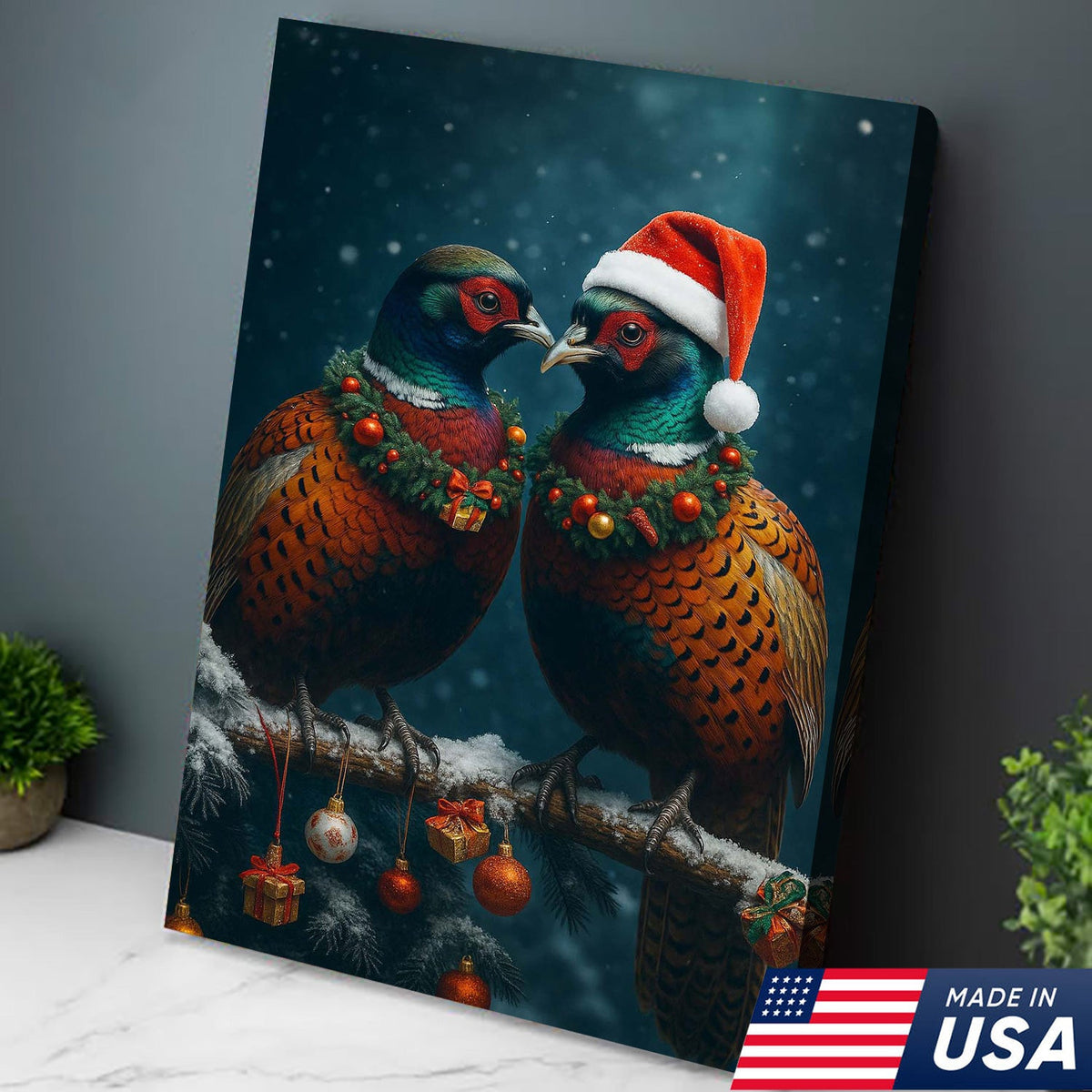 Christmas Pheasant Wall Art Canvas - Holiday Bird Couple Print, Rustic Wildlife Decor