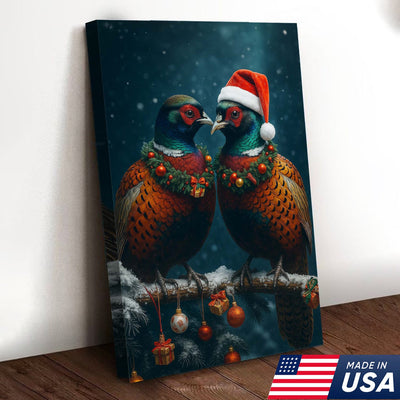 Christmas Pheasant Wall Art Canvas - Holiday Bird Couple Print, Rustic Wildlife Decor