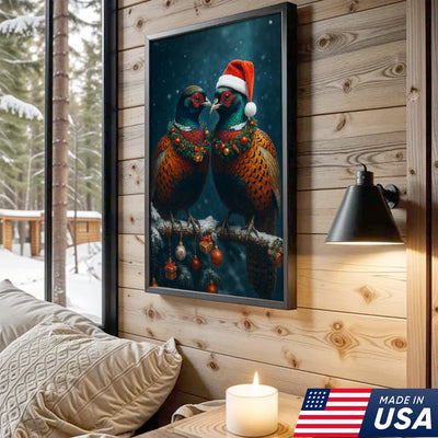 Christmas Pheasant Wall Art Canvas - Holiday Bird Couple Print, Rustic Wildlife Decor
