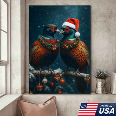 Christmas Pheasant Wall Art Canvas - Holiday Bird Couple Print, Rustic Wildlife Decor