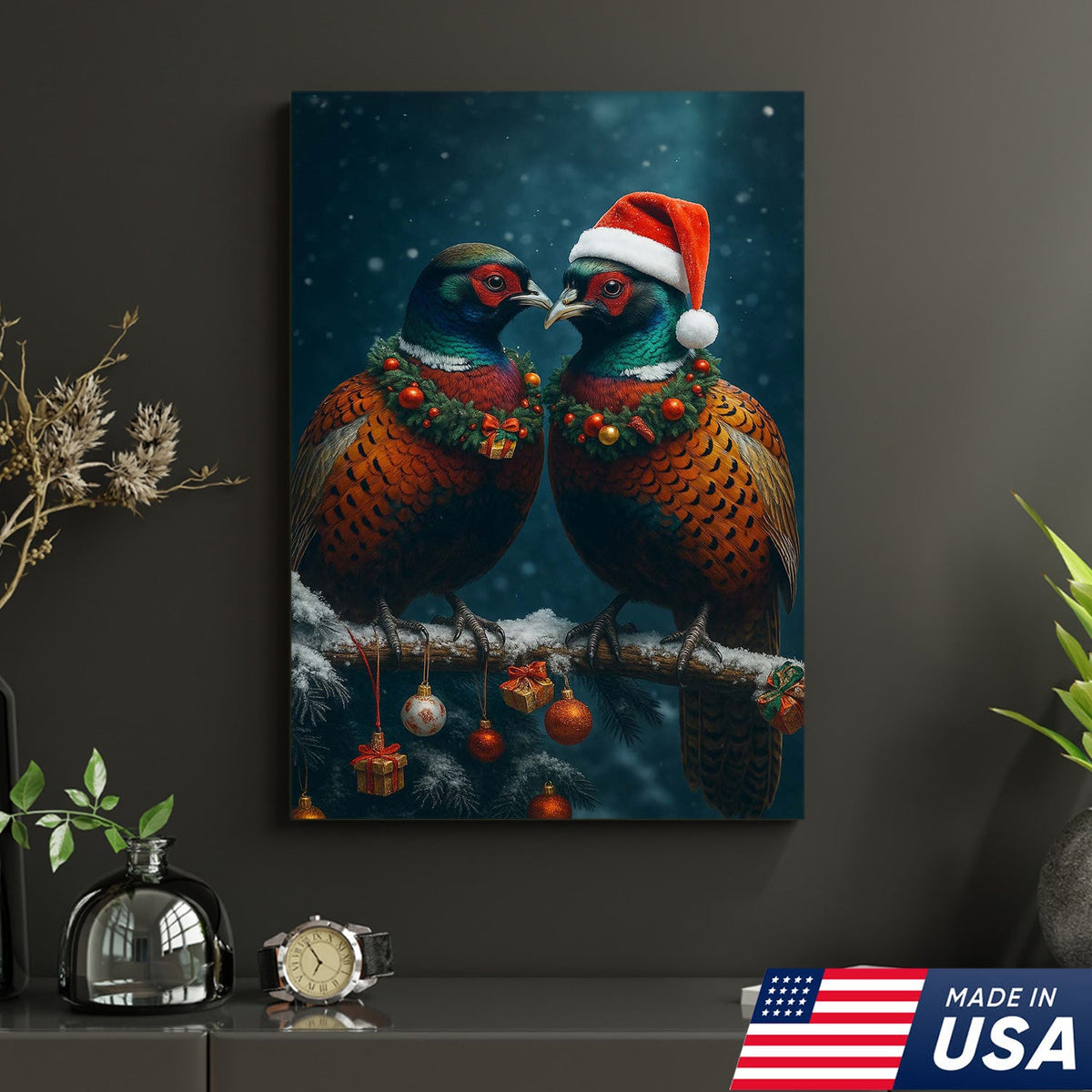 Christmas Pheasant Wall Art Canvas - Holiday Bird Couple Print, Rustic Wildlife Decor