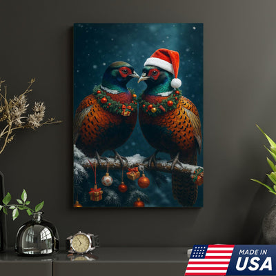 Christmas Pheasant Wall Art Canvas - Holiday Bird Couple Print, Rustic Wildlife Decor