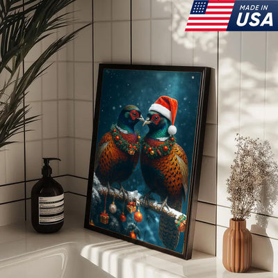 Christmas Pheasant Wall Art Canvas - Holiday Bird Couple Print, Rustic Wildlife Decor
