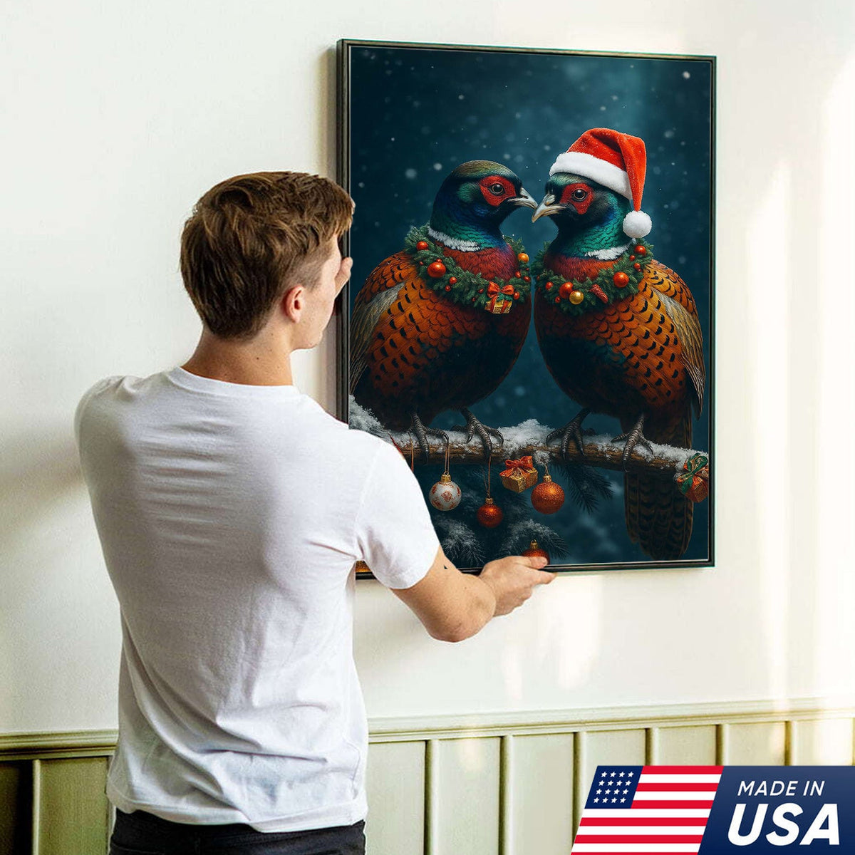 Christmas Pheasant Wall Art Canvas - Holiday Bird Couple Print, Rustic Wildlife Decor