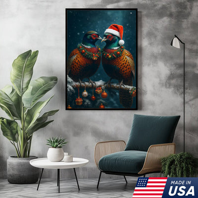 Christmas Pheasant Wall Art Canvas - Holiday Bird Couple Print, Rustic Wildlife Decor