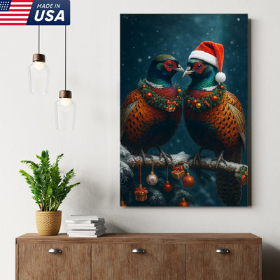 Christmas Pheasant Wall Art Canvas - Holiday Bird Couple Print, Rustic Wildlife Decor
