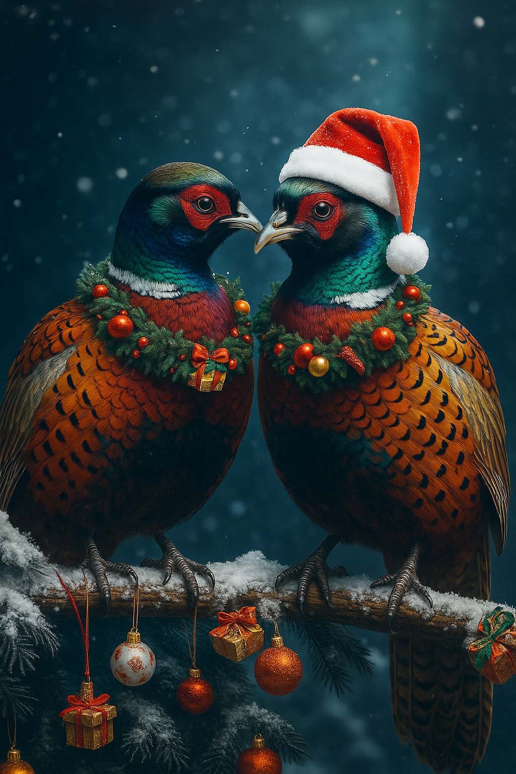 Christmas Pheasant Wall Art Canvas - Holiday Bird Couple Print, Rustic Wildlife Decor