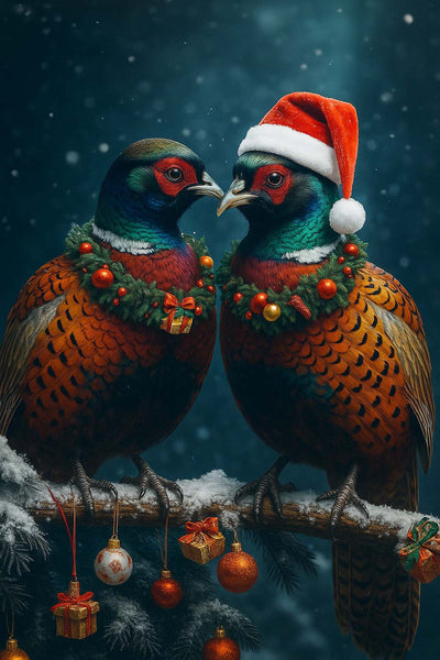 Christmas Pheasant Wall Art Canvas - Holiday Bird Couple Print, Rustic Wildlife Decor