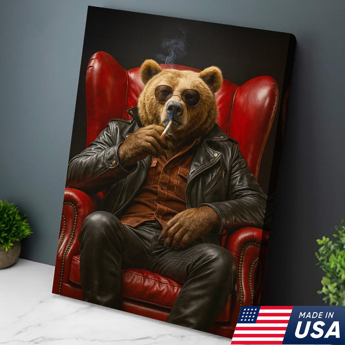 Cool Smoking Bear Wall Art Canvas – Badass Leather Chair Bear Canvas Print for Man Cave Decor