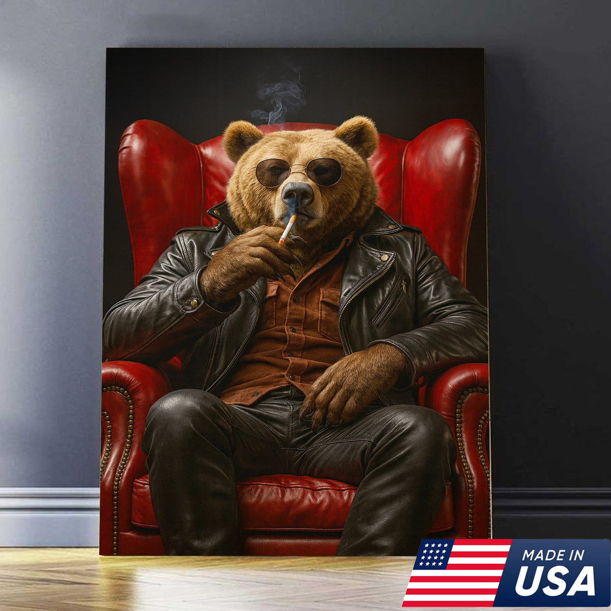 Cool Smoking Bear Wall Art Canvas – Badass Leather Chair Bear Canvas Print for Man Cave Decor