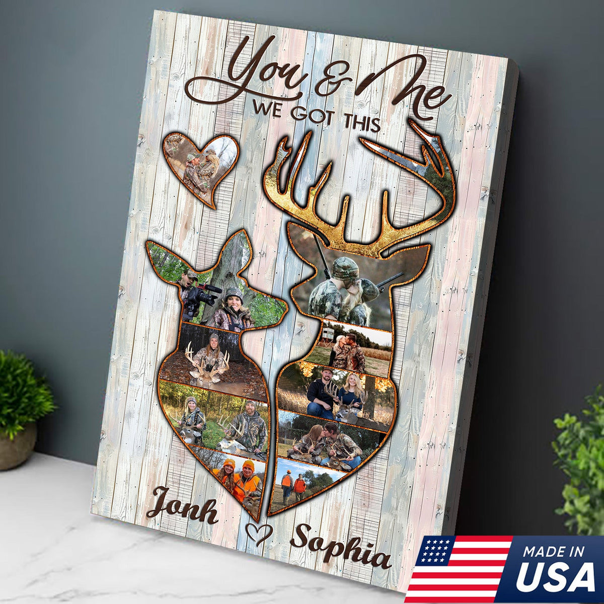 Personalized Deer Couple Hunting Photo Collage Wall Art Canvas - Custom Hunter Gift for Couples