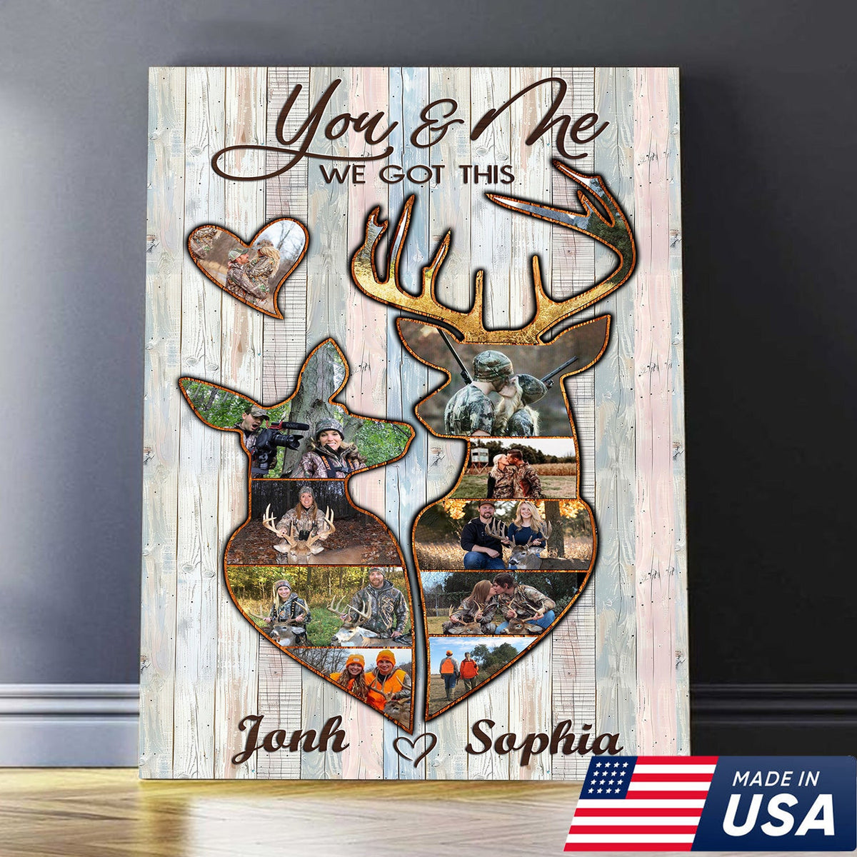 Personalized Deer Couple Hunting Photo Collage Wall Art Canvas - Custom Hunter Gift for Couples
