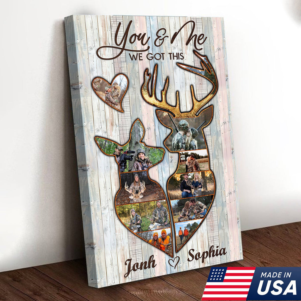 Personalized Deer Couple Hunting Photo Collage Wall Art Canvas - Custom Hunter Gift for Couples