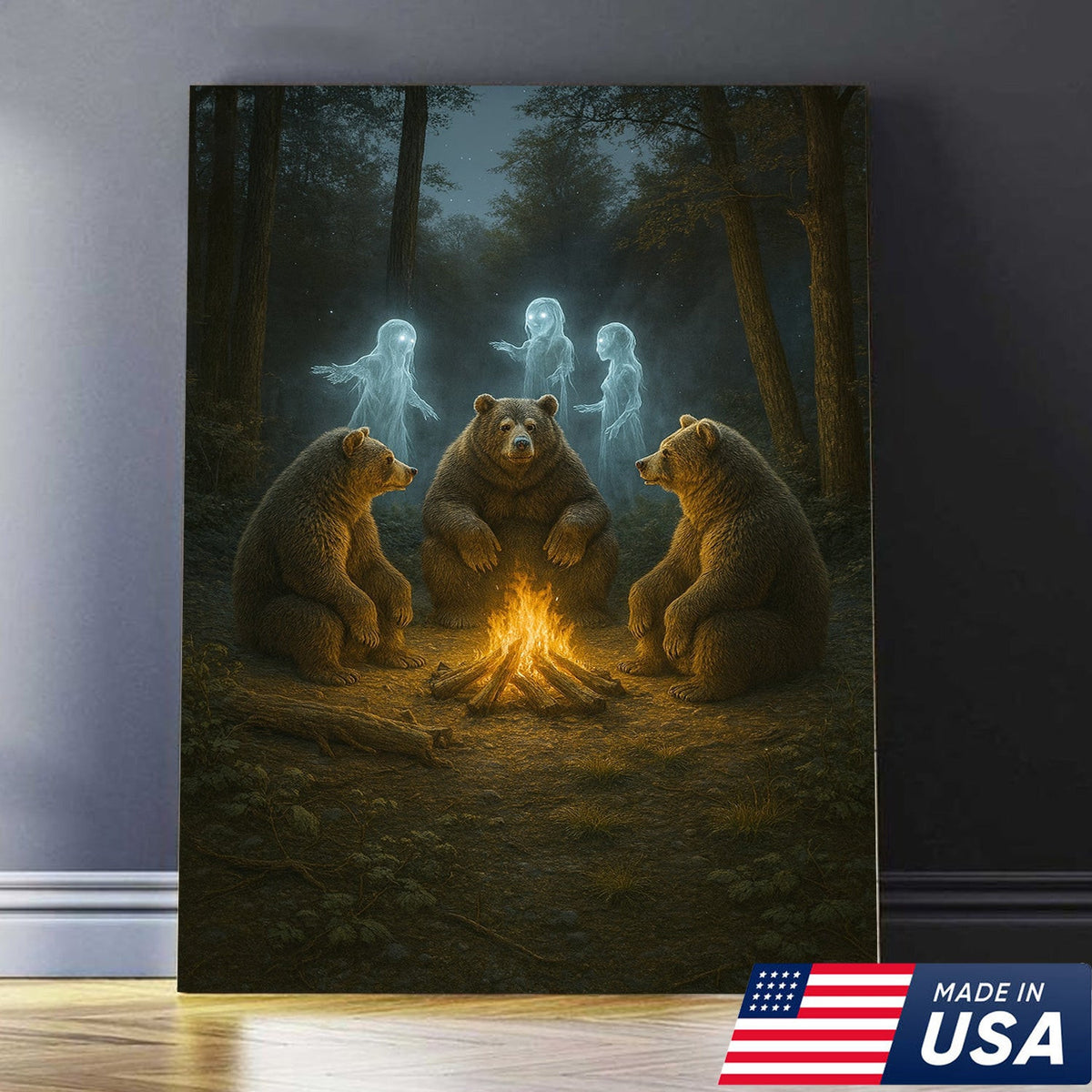 Ghost Bear Campfire Wall Art Canvas – Spooky Forest Spirit Canvas Print for Halloween Decor