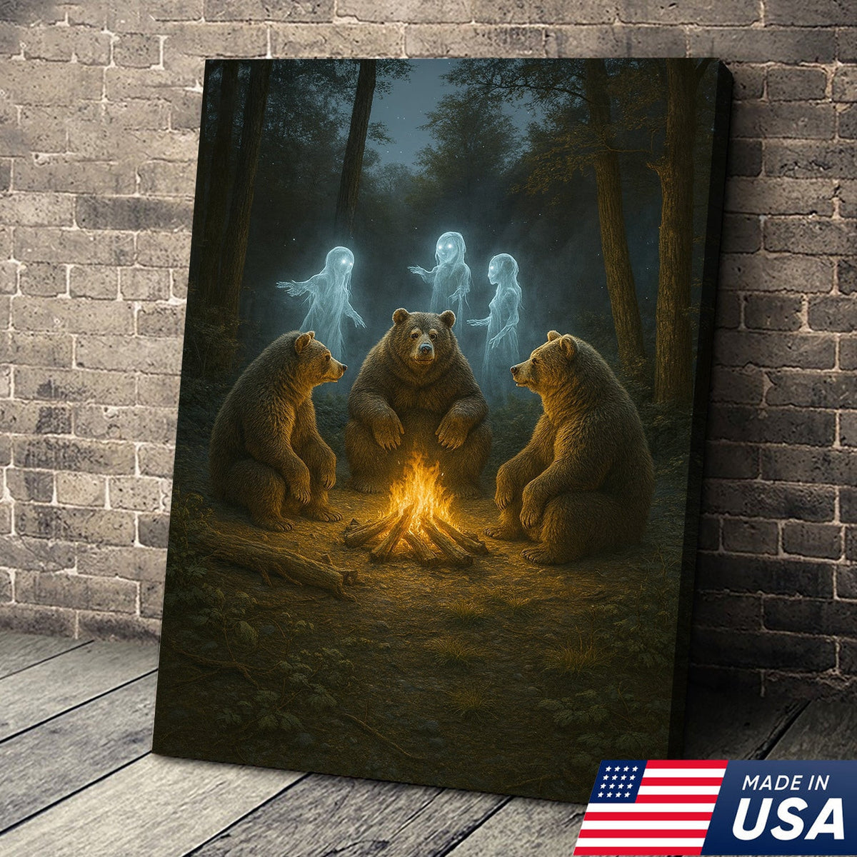 Ghost Bear Campfire Wall Art Canvas – Spooky Forest Spirit Canvas Print for Halloween Decor