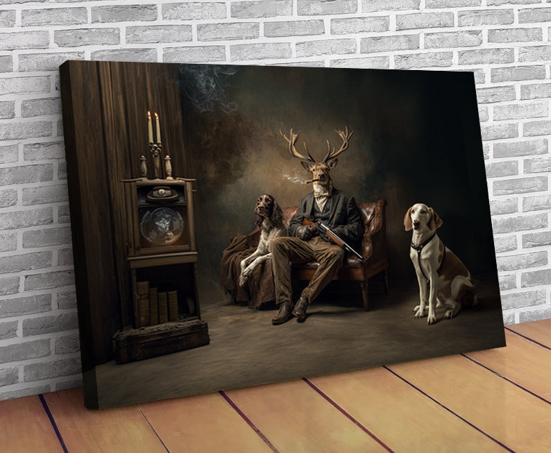 Vintage Style Hunting Deer with Dogs Canvas Print - Humorous Animal Art for Home Decor