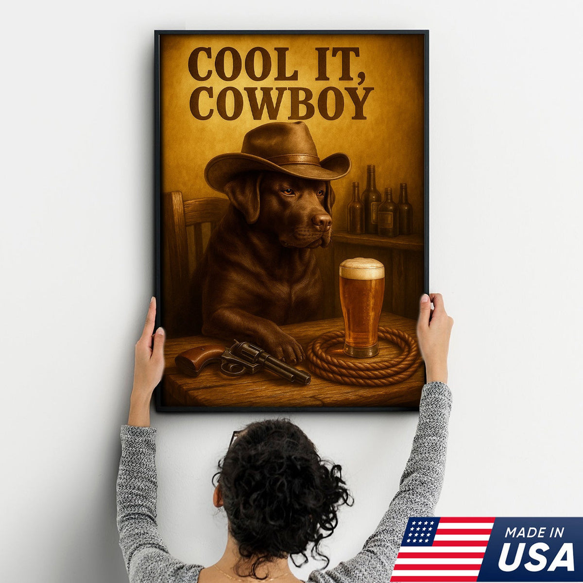 Funny Cowboy Labrador Dog Canvas Wall Art – Rustic Beer Bar Decor Gift for Hunters, Lodge and Cabin