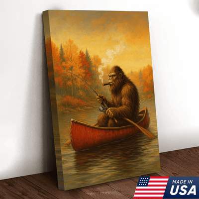 Bigfoot Fishing Canvas Wall Art – Rustic Lodge & Man Cave Decor