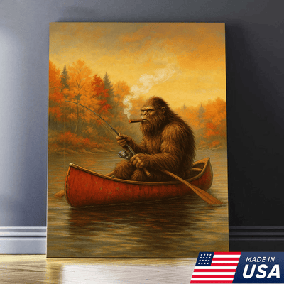 Bigfoot Fishing Canvas Wall Art – Rustic Lodge & Man Cave Decor
