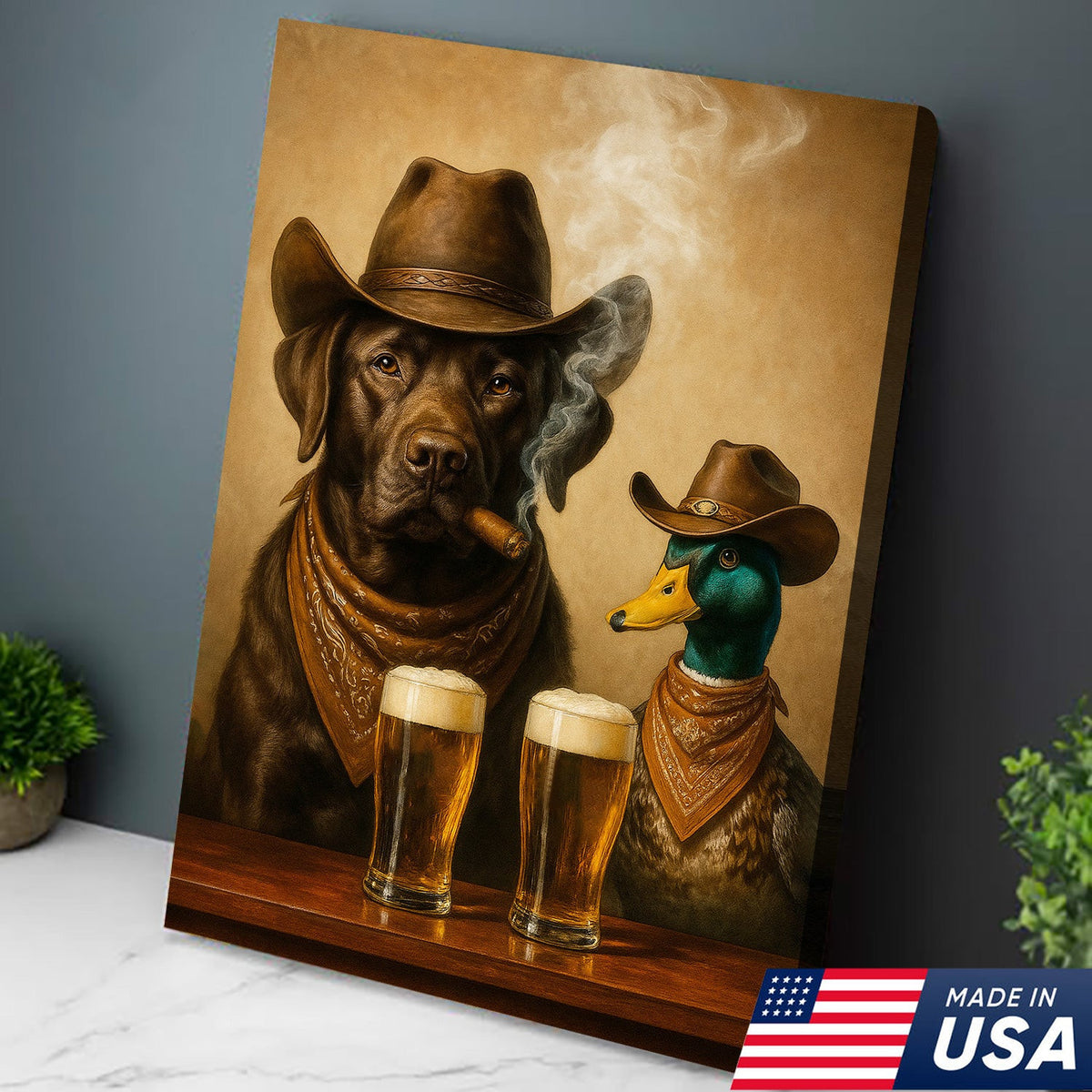 Funny Dog and Duck Canvas Wall Art – Rustic Cowboy Bar Decor Gift for Hunters and Lodge Lovers