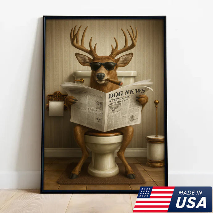 Funny Deer on Toilet Canvas – Hilarious Animal Art Print with SunGlasses and Smoking Reading Newspaper.
