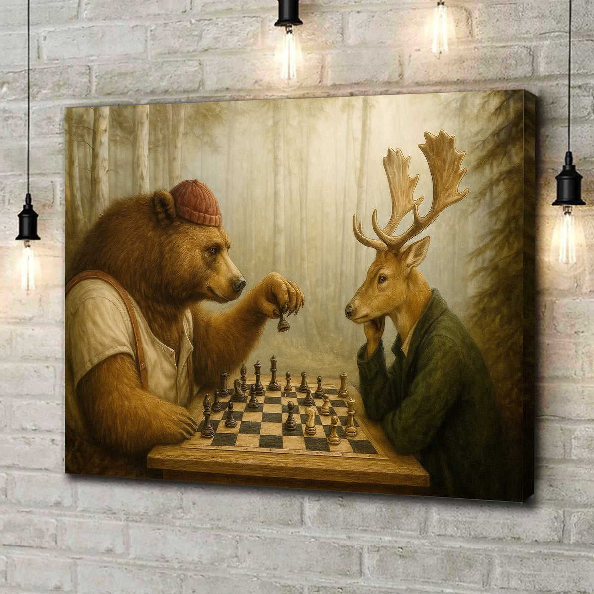 Bear and Deer Chess Wall Art Canvas, Forest Animals Playing Chess Rustic Decor